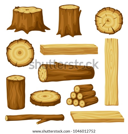 Set of wood logs for forestry and lumber industry. Illustration of trunks, stump and planks. Stockfoto © 