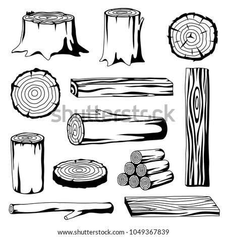 Set of wood logs for forestry and lumber industry. Illustration of trunks, stump and planks.