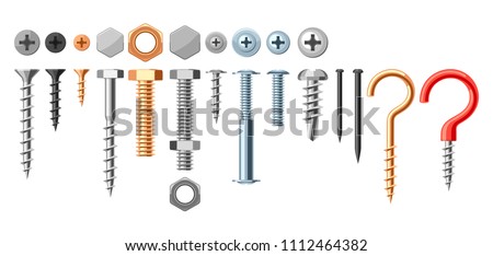 Set of bolts nuts nails. Various iron screws collection.