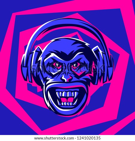 Angry monkey head in headphones. Rock and roll or disco music print. Rock festival poster.