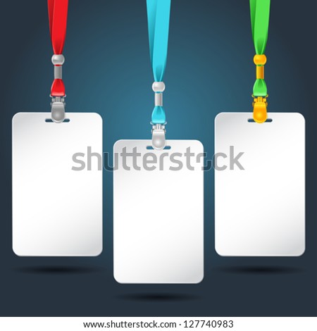 Set of blank badges with color neckbands.