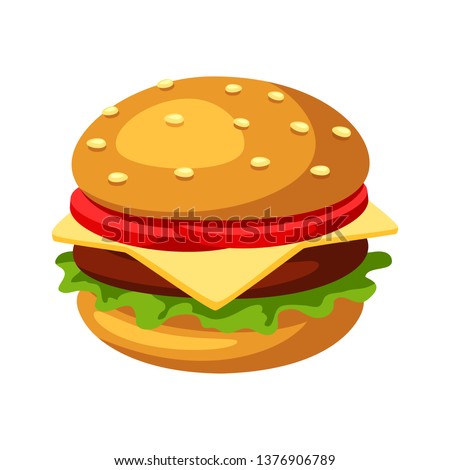 Illustration of stylized hamburger or cheeseburger. Fast food meal. Isolated on white background.
