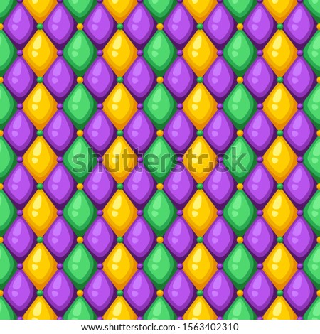 Seamless pattern with rhombus in Mardi Gras colors. Carnival background for traditional holiday or festival.