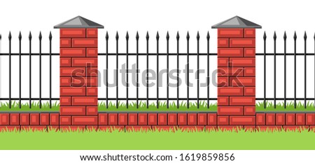 Illustration of bricks fence with forging. Garden, park or yard hedge section.