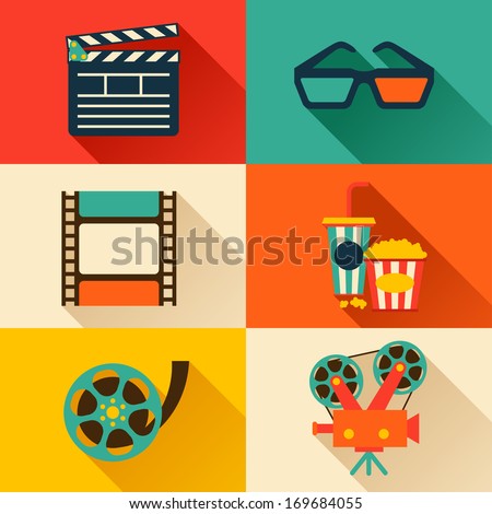 Set of movie design elements and cinema icons in flat style.