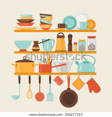 Card with kitchen shelves and cooking utensils in retro style.