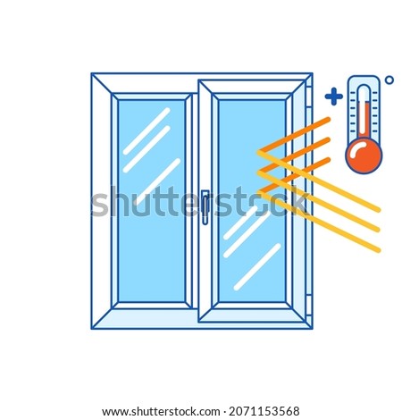 Keeping warm temperature inside house with double glazed window. PVC plastic profile. Infographics showing properties.