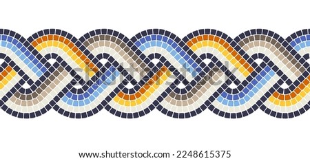 Ancient interweaving mosaic seamless border. Decorative antique stone ornament.