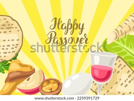 Happy Pesach Jewish Passover plate greeting card. Holiday background with traditional symbols.