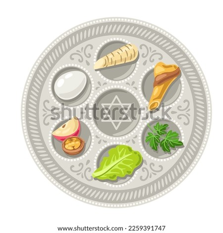 Happy Pesach Jewish Passover plate illustration. Holiday background with traditional symbols.