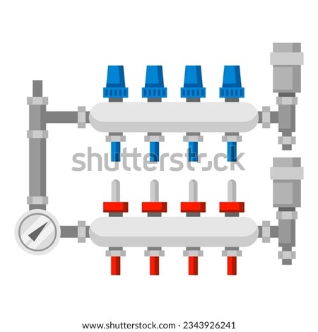 Illustration of hydronic manifolds. Industrial image of plumbing object.