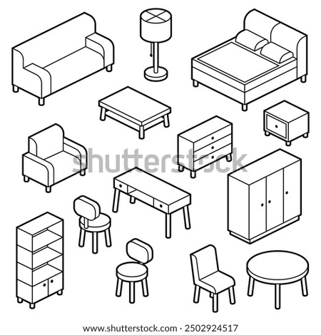 Home furniture icon set in isometry. Domestic and office furniture and equipment.