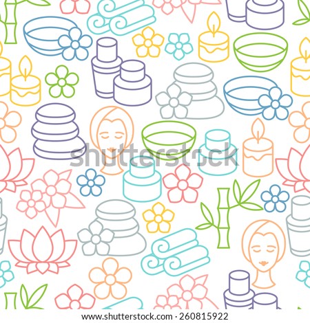 Spa and recreation seamless pattern with icons in linear style.