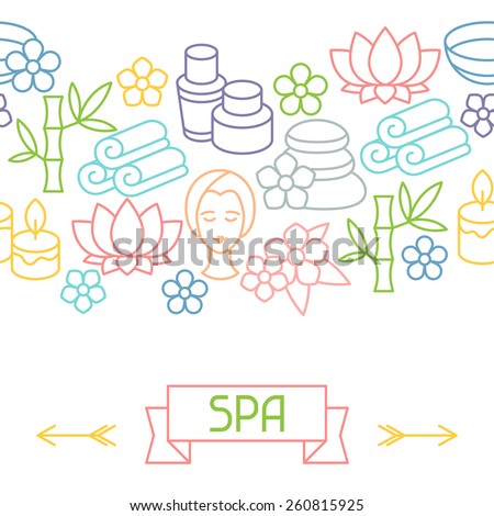 Spa and recreation seamless pattern with icons in linear style.