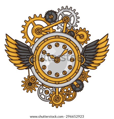 Steampunk clock collage of metal gears in doodle style.