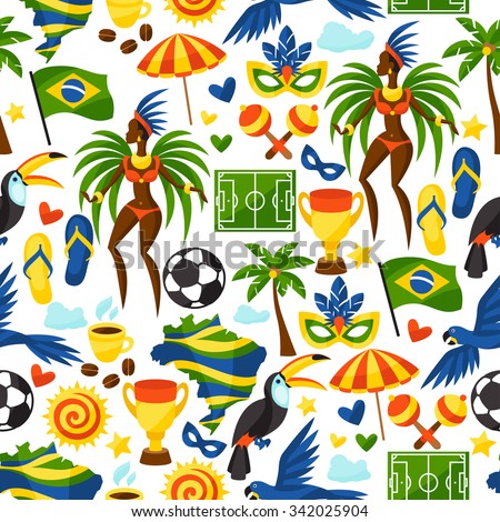 Brazil seamless pattern with stylized objects and cultural symbols.