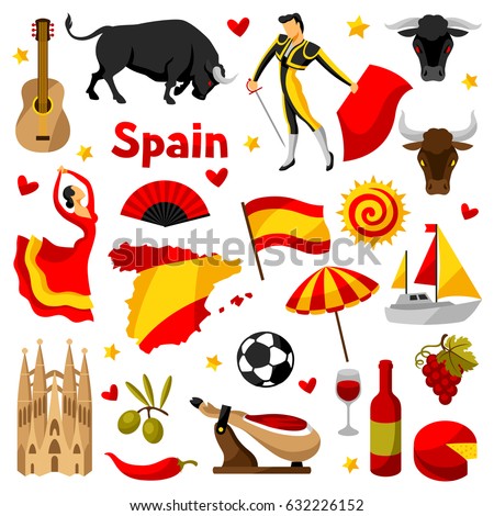 Spain icons set. Spanish traditional symbols and objects.