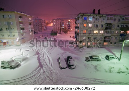 Night winter yard. Sakhalin.