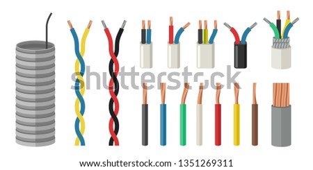 Electrical cables in flat style. Set with varieties of electric wire.