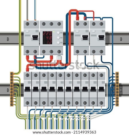 Electrical circuit breakers on din rails connected to wires. Wires are connected to residual current circuit breakers and voltage monitoring relay. Stockfoto © 