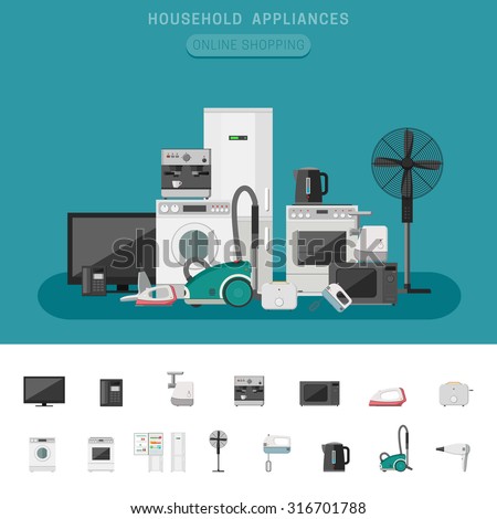 Household appliances banner with vector flat icons microwave, coffee machine, washing machine, etc.