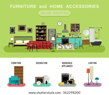 Furniture and home accessories banner with vector flat icons sofa, bookshelf, bed, bathroom, kitchen, etc. Set icons of furniture, lighting, decoration and household appliances.