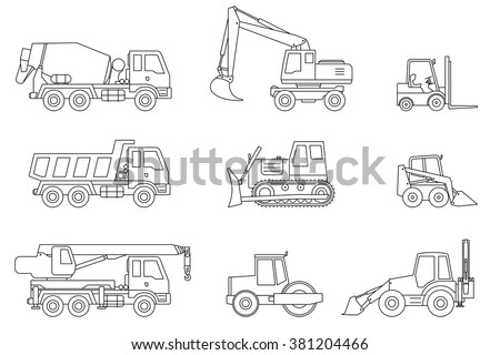 Construction machines thin icons. Vector line icons of building machinery.