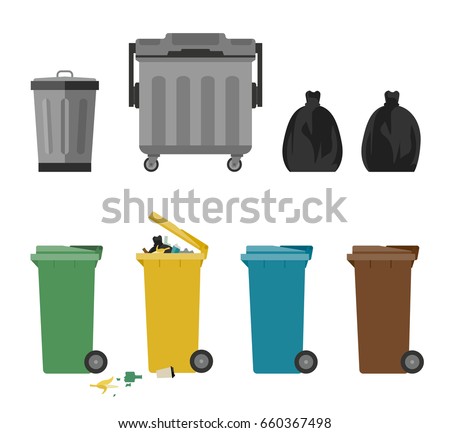 Garbage cans and bags in flat style. Vector icons of garbage bags, dumpsters and cans.