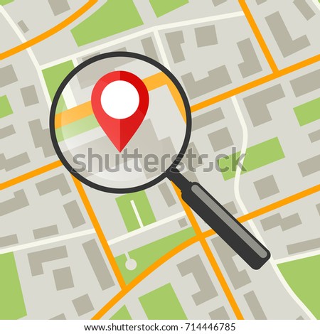 Map with magnifier. Simple flat illustration of city plan with streets.