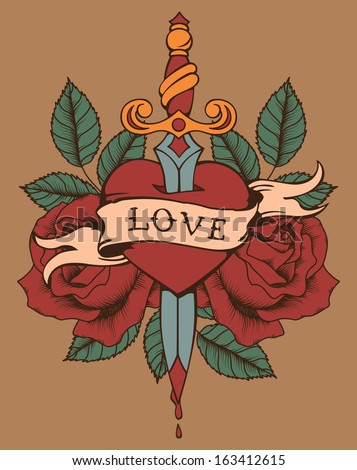 Tattoo Heart With Roses And Knife Stock Vector Illustration 163412615 ...