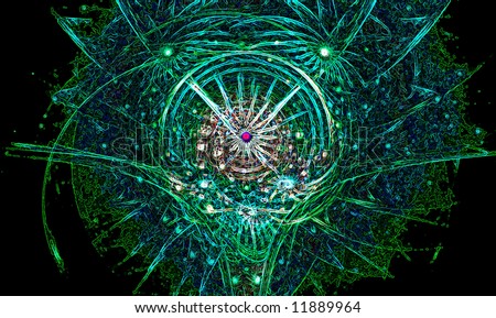 Neon glowing blueish green fractal swirling spirit head
