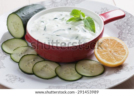 Tzatziki or cacik, cucumber, yogurt and lemon salad with fresh mint
