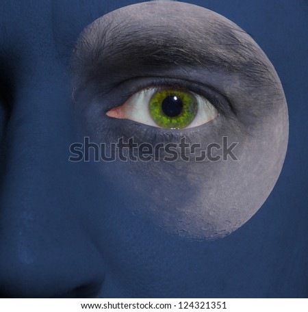 Image of a face with a moon and blue sky skin