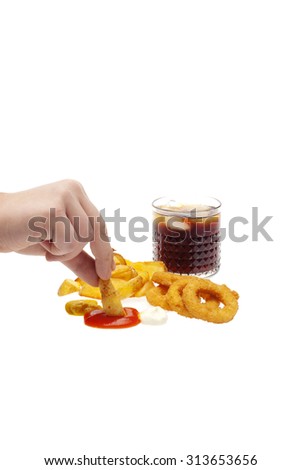 fries,onion rings and drink with sauces,isolated on white