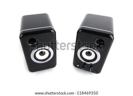 Two black sound speaker on white background