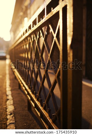 Forged decorative iron fence at sunset
