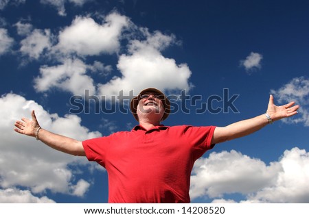 Happy senior men open arms in outdoor