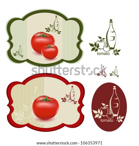 A set off vintage tomato labels. An interesting tomato logo width a bottle and some tomatoes ideal for tomato products isolated on white.