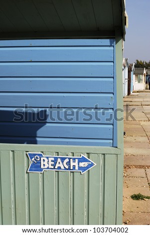 To Beach sign on beach hut at Ferring near Worthing. West Sussex. England.