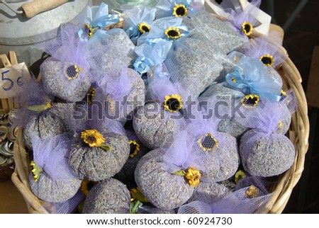 Little sacks of Lavender on Market stall in Nice. Cote d\'Azur. France