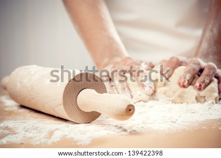 Image, Stock Photo Pie dough and rolling pin above view.