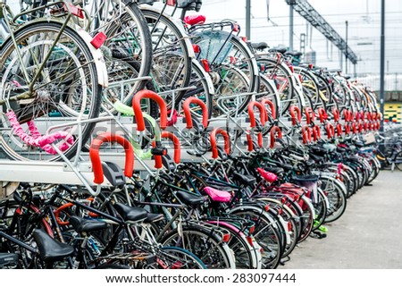 Eindhoven, Netherlands - May 23, 2015: Bicycle parking in Eindhoven Central Station. Bicycles are popular way to get around for the Dutch
