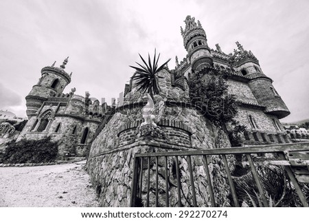 Colomares Castle, black and white. Castle dedicated to the explorer and navigator Christopher Columbus. Benalmadena town. Province of Malaga. Andalusia. Spain