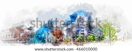 Digital watercolor painting of a Eindhoven city center. Netherlands. Western Europe