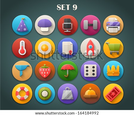 Round Bright Icons with Long Shadow Set 9