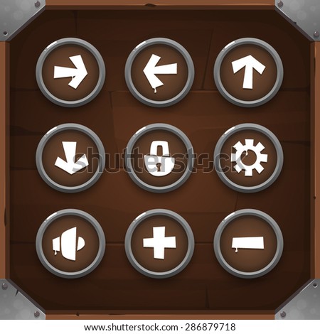 Game Icons on wooden background Set 1. Vector GUI elements for mobile games