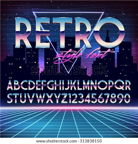 Shiny Chrome Alphabet in 80s Retro Futurism style. Vector font on cityscape background