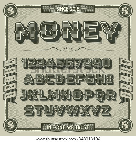 Vintage Money Font with shadow. Retro 3D Alphabet with decorative elements