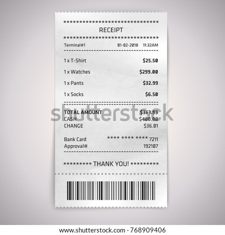 Realistic paper shop receipt with barcode. Vector shop terminal 