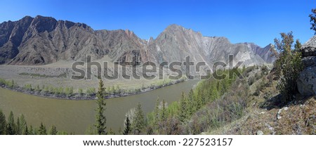 Altai Mountains and river Katun in the spring afternoon